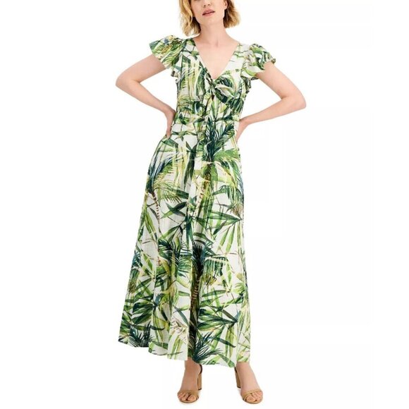 TAYLOR Cotton Printed Bow-Tie Maxi Dress, Green & White NWT - Picture 1 of 6